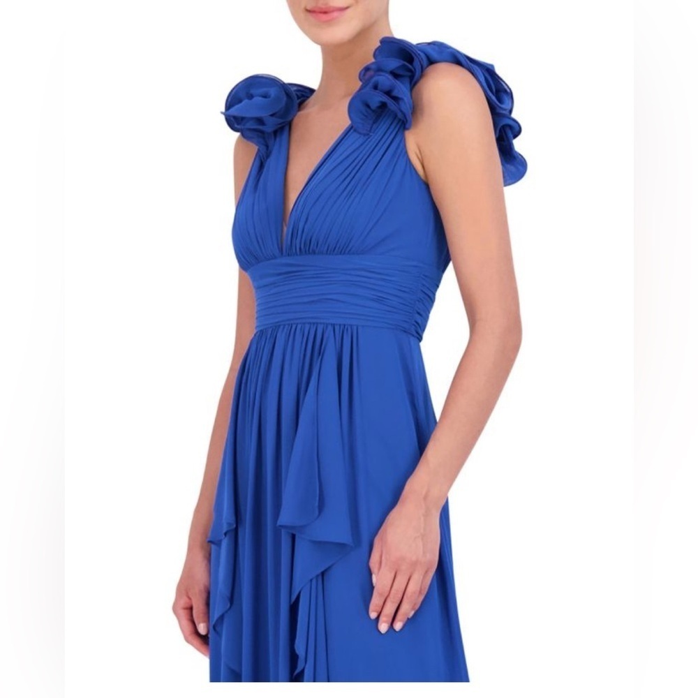 Eliza J rosette shoulder ruffle empire gown, pleated v-neck evening dress